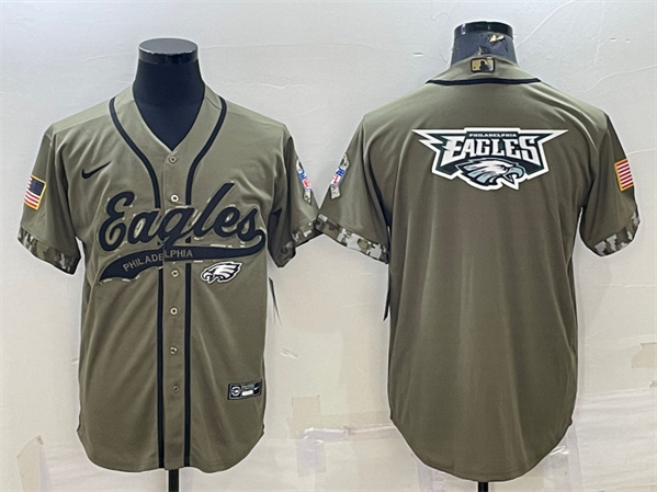 Men's Philadelphia Eagles Olive 2022 Salute To Service Team Big Logo Cool Base Stitched Baseball Jersey